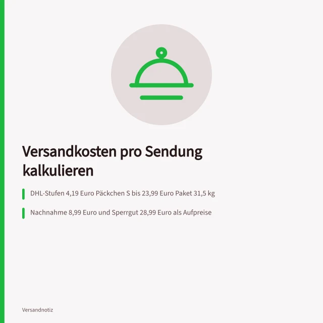 Kalkulationskarte zu Versandkosten, Staffelpreisen und Zuschlägen pro Sendung. Versandkosten pro Sendung erfassen und Staffelpreise nutzen kalkulieren